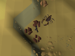 This image depicts a method of safespotting the scorpions in the Al Kharid mine.