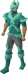 A male player wearing the attuned crystal armour set.