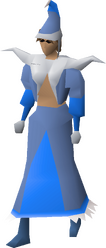 A female player wearing the blue mystic robes set.