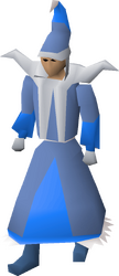 A male player wearing the blue mystic robes set.