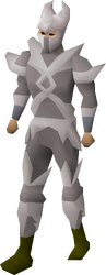 A male player wearing the Ithell crystal armour set.