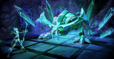 A piece of official artwork depicting a player in battle with the Crystalline Hunllef.