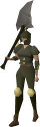 A female player wearing the full Dharok's armour set.