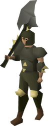 A male player wearing the full Dharok's armour set.