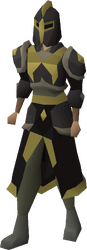 A female player wearing the full elite black armour set.