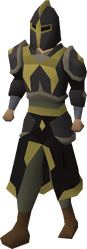 A male player wearing the full elite black armour set.