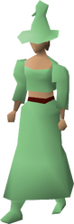 A female player wearing the full green robes set.