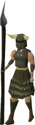 A female player wearing the full Guthan's armour set.