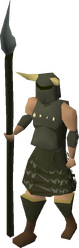 A male player wearing the full Guthan's armour set.