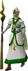 A female player wearing the Guthix vestment set.