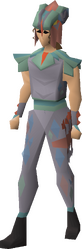 A female player wearing a full set of Hueycoatl hide armour.