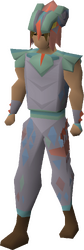 A male player wearing a full set of Hueycoatl hide armour.