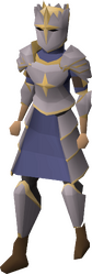 A female player wearing the full Justiciar armour set.