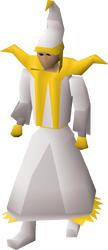 A male player wearing the light mystic robes set.