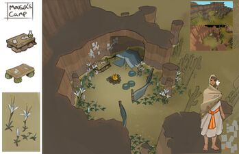 Concept art for Maisa's camp by the cliffs, by Mod Grub.