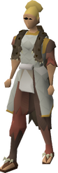 A female player wearing mixed hide armour.