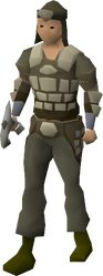 A male player wearing Morrigan's equipment.