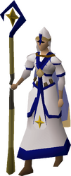 A female player wearing the full Saradomin vestment set.