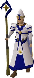 A male player wearing the full Saradomin vestment set.