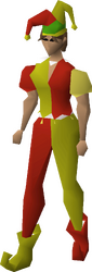 A female player wearing the silly jester costume.