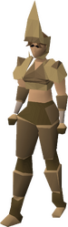 A female player wearing the full splitbark armour set.