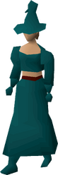 A female player wearing the full teal robes set.