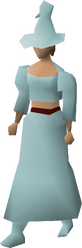 A female player wearing the full turquoise robes set.