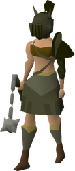 A female player wearing the full Verac's armour set.