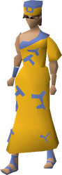 A female player wearing the yellow tribal outfit.