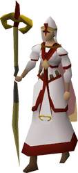 A female player wearing the Zamorak vestment set.